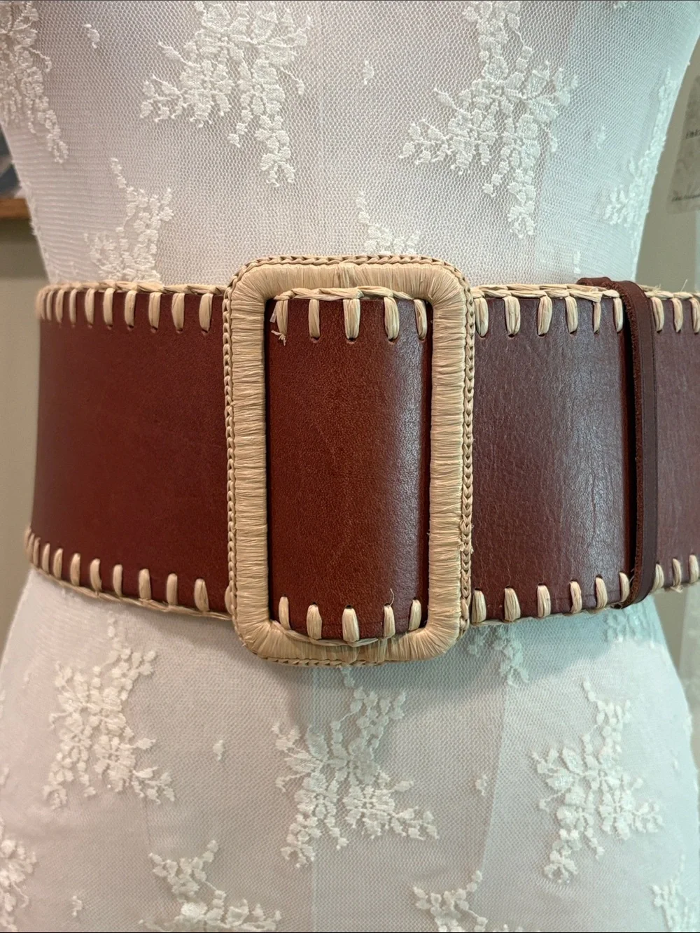 Polo Ralph Lauren Reversible Faux-Raffia Wide Leather Stitch Corset Belt Small